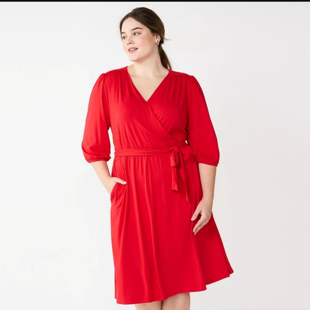 Draper James Red Wrap Midi Dress with Bishop Sleeves